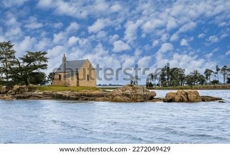 Boedic island, with the chapel, in the Morbihan gulf,  on the coast