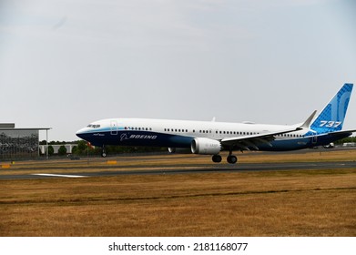 Boeing 737 Max 8 Aircraft Was On Exhibit At Farnborough Airport In The UK. On July 22, 2022