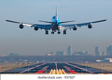 Boeing 747 About To Touchdown At Amsterdam Schiphol Airport.