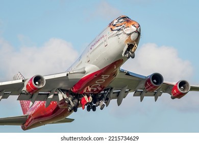 Boeing 747 Of Rossiya Airlines In Tiger Livery Takes Off From Vnukovo Airport. Livery Taking Care Of Tigers Together. Moscow Region, Russia - July 21, 2017