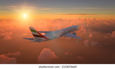 Boeing 777 Emirates Flying On Amazin Sunset, 5 May, 2022, Sao Paulo, Brazil