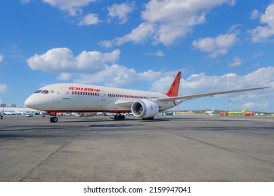 Boeing 787 Dreamliner With Tail Number VTANP Of Air India Airline Arrives At The Apron Of Moscow Domodedovo Airport, Russia - July 18, 2014