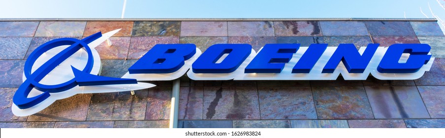 Boeing logo and sign at Boeing HorizonX, Boeing NeXt, Aurora Flight Sciences office building facade in Silicon Valley - Menlo Park, California, USA - 2020