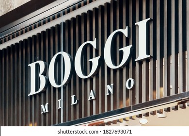 Boggi Logo Store In Milan's Fashion District, Montenapoleone Area. Boggi Milano Is An Italian Suit Maker Founded In 1939. Milan, Italy - 24.09.2020