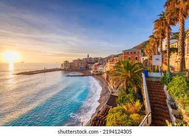 Bogliasco, Genoa, Italy skyline on the Mediterranean sea at sunset. (sign reads, "Maa Beach") - Shutterstock ID 2194124305