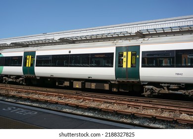 Bognor Regis, West Sussex, England - 08.08.2022 - Commuter Train At Bognor Regis Station. Southern Service Train At Platform In UK Train Station. Passenger Rail Carriage 