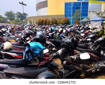 Bogor 31 July 2022 - The Condition Of The Parking Lot Filled With Motorbikes In The Pangsari Stadium Area When A Sporting Event Is Being Held