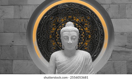 Bogor, Indonesia - 2021 January 13 : A white Buddha statue sitting between ornate parasols and candles, symbolizing tranquility and calm in a serene meditation space. - Powered by Shutterstock