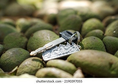 Bogor, Indonesia - August 15th 2022: Close Up Photo Of A Motorcycle Key Along With A Key Ring Decoration With A Rock Background In A Park