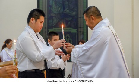 Bogor - Indonesia. August 20, 2020. The Atmosphere Of Catholic Adult Baptism During The COVID-19 Pandemic.