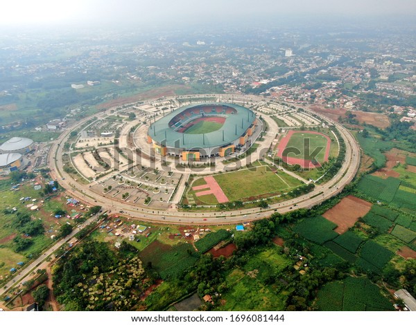 Bogor,
Indonesia - November 25, 2018: Aerial drone view of Wibawa Mukti
Stadium after international multi-sport
event