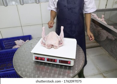 Bogor, West Java / Indonesia - August 1, 2019: CLOSE UP Chicken Slaughterhouse Industry With Poultry Meat Processing In Indonesia