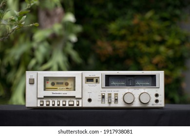 Bogor, West Java, Indonesia - February 14, 2021: Vintage Technics RS-M205 metal stereo cassette deck dolby system made in Japan. It was first sold in 1981 but discontinued two years later in 1983.