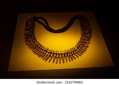 Bogota, Colombia, 02 06 2022 : Pre-columbian Gold Artifact (collar) On Display In The Museo Del Oro. The Museum Of Gold Is Located In Bogota, Colombia.