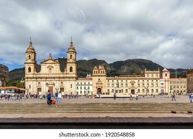 Bogota, Colombia.
06-15-2019
Tourists And Local People Walking Through The Main Square Of Bogotá