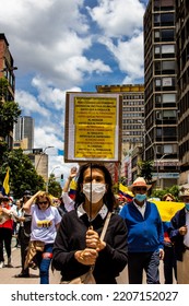 BOGOTA, COLOMBIA - 26 SEPTEMBER 2022. Peaceful protest marches In Bogotá Colombia Against The Government Of Gustavo Petro. Marches Against The Law Reforms Of The New Colombian Government.