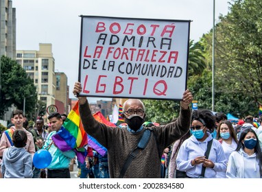 Bogota, Colombia; 4th July, 2021: Portrait Of An Old Man With A Board Or Banner 