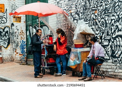 Bogota, Colombia. 5th August, 2022: Food Vendor Located In A Street Of Downtown Bogota