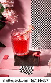 Bogota, Colombia; December 20 Of 2019: Pinky Red Drink Cocktail In Fancy Glass With Editorial Style