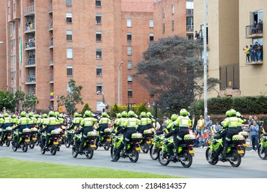 BOGOTA, COLOMBIA - JULY 20 OF 2022 Transit And Traffic Police Motorbikes During Colombian Independence Day Parade 