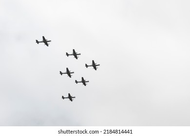 BOGOTA, COLOMBIA - JULY 20 OF 2022 Colombian Air Force Exhibition Of Super Tucano Airplanes