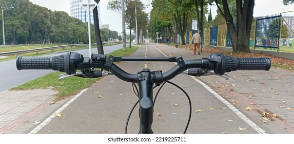 BOGOTA, COLOMBIA - OCTOBER 20 OF 2022  First Person View Of An Empty Bicycle Lane At North Of The City During Bogota No Car Day Event