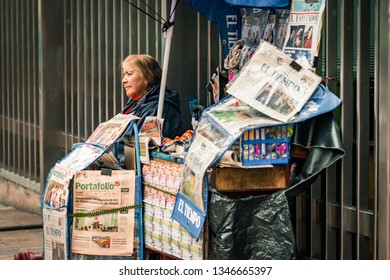 Bogota, Colombia - September 15, 2018: A Newspaper Vendor Looking Forward, Waiting In The Middle Of The Street. Downtown. La Septima. 