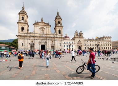 Bogota/ Columbia - 14.02.2019: People Walking In Bolivar Square (Plaza Mayor) - The Central Square Of Bogota, Columbia