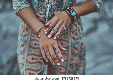 Bohemian Chic Gypsy Woman With Manicure Wearing Jewelry Accessories And Dress. Boho Detail Close Up