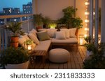 bohemian, minimalist balcony idea with lights