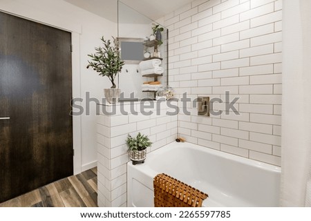 Bohemian style bathroom interior with orange wall paper plants tile shower and bathtub countertops with lived in appearance