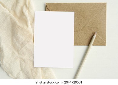 Bohemian Style Neutral Colors Flat Lay With Blank Notecard And Kraft Paper Envelope, Card, Postcard, Mockup.