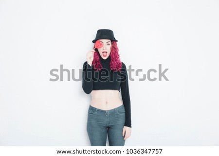 Similar – Image, Stock Photo Young and blonde woman holding a strawberry ice cream