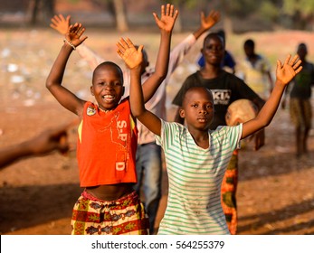 BOHICON, BENIN - JAN 11, 2017: Unidentified Beninese Children Celebrate After A  Football Game. Soccer Is Very Popular Game Among The  African Kids