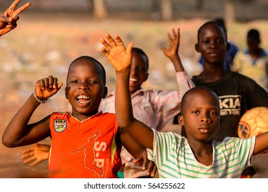 BOHICON, BENIN - JAN 11, 2017: Unidentified Beninese Children Celebrate After A  Football Game. Soccer Is Very Popular Game Among The  African Kids