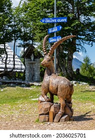 Bohinj, Slovenia - August, 2021: A picture of a capricorn statue at the Vogel ski resort.