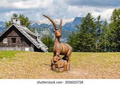 Bohinj, Slovenia - August, 2021: A picture of a capricorn statue at the Vogel ski resort.