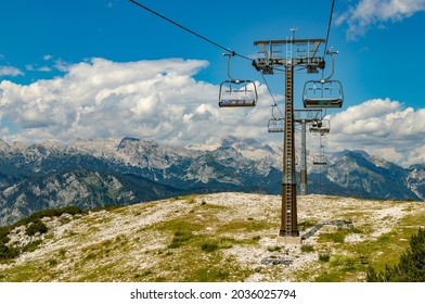 Bohinj, Slovenia - August, 2021: A picture of many ski lifts at the Vogel ski resort.