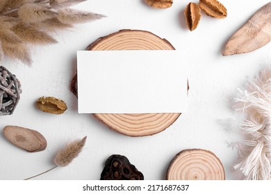 Boho Business Card Mockup Template, Empty Stationery Card With Dry Plants, Wood And Boho Decor On A White Background And Design Element For Wedding Invitation, Rsvp, Thank You Card, Greeting