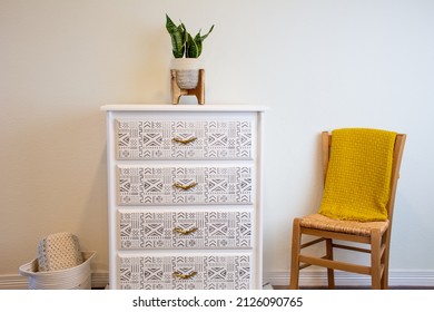 Boho Chalk Painted Dresser With Stenciled Design And Mid-century Modern Pulls. Bohemian Chic Furniture With Drawers For The Home Interior.