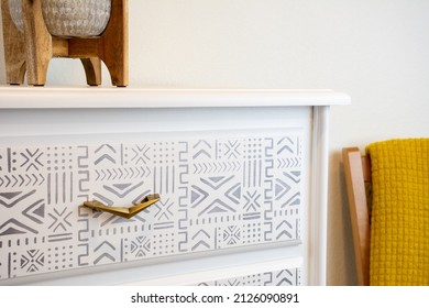 Boho Chalk Painted Dresser With Stenciled Design And Mid-century Modern Pulls. Bohemian Chic Furniture With Drawers For The Home Interior.