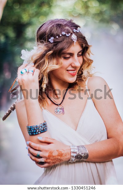 Boho Lookhippie Girl White Dress Bohemian Stock Photo Edit Now