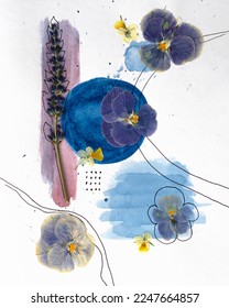 Boho style composition of dried flowers and watercolor splashes. Interior design poster idea. Contemporary botanical pressed flower art. Vertical shot. - Shutterstock ID 2247664857