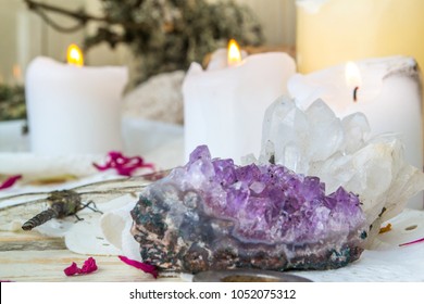 Boho Style Concept For Wedding Design Or Rustic Natural Decoration. Sacred Space With Candles, Feathers, Crystalls And Herbs.