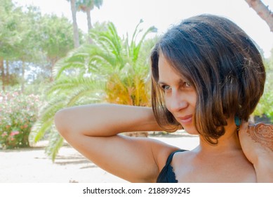 Boho Style Woman Portrait With Mehndi Hand.