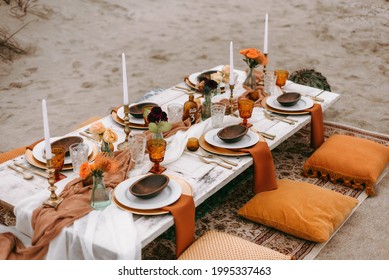Boho table setting on the beach