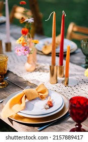 Boho Wedding Table Set. Vintage Dining Table With Decorations, Flowers And Pampas Grass Boho Style. Table Set For An Event, Party, Date Or Wedding.