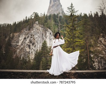 Boho Wedding, Woman In Dress, Luxury Ceremony At Mountains With Amazing View, Space For Text