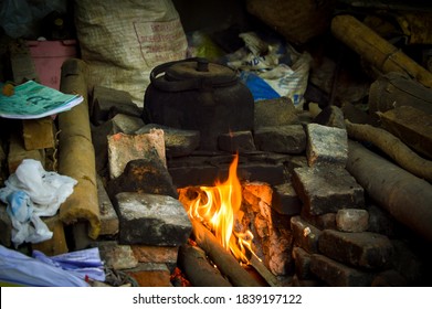 Boil Water In A Kettle On A Wood Stove. Tegal, Central Java, Indonesia 23 October 2020