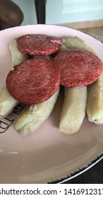 Boiled Bananas With Salami , Dominican Dinner Or Breakfast